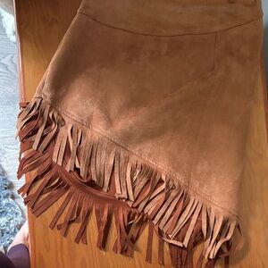 Suede Fringe Mini Skirt - Brown